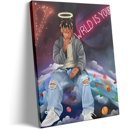 Juice WRLD Canvas Wall Art – 11X14 inch Vibrant Rapper Tribute Artwork with Halo and Neon WRLD is Yours Music-Inspired for Bedroom or Studio ation