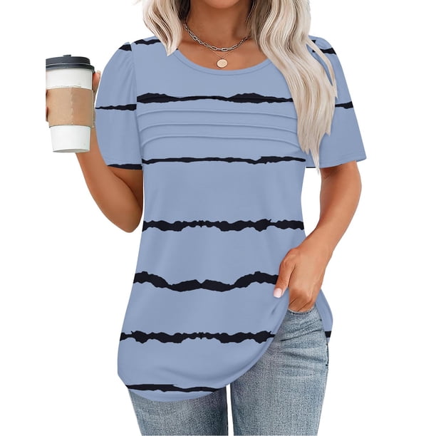 mfyjkho Tops Para Salir Para Mujer, Jersey De Mujer De Manga Corta Con Cuello Redondo, Plisado En El Pecho, Estampado De Color Degradado Tops Para Hacer Ejercicio Para Mujer Xxl