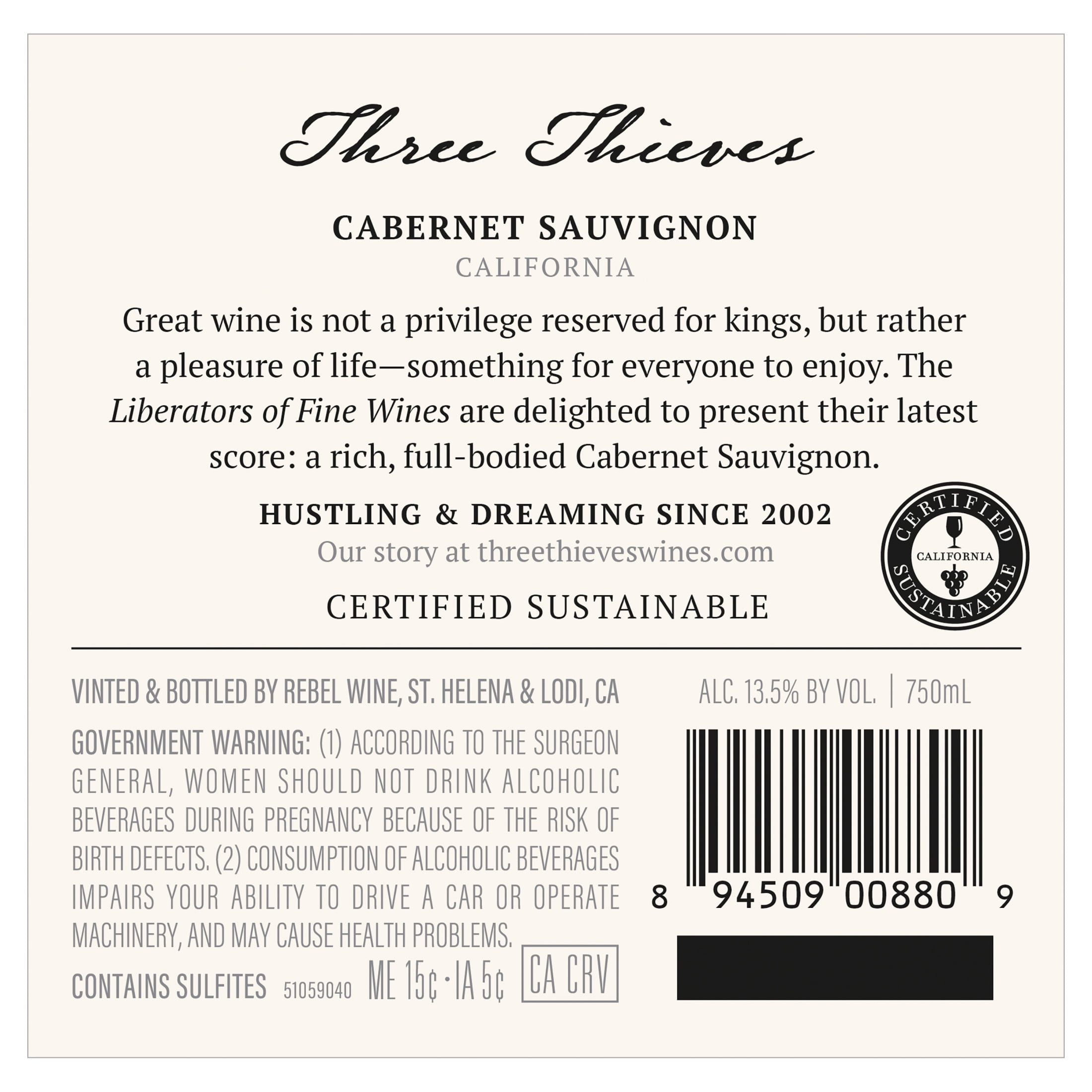 Three Thieves Cabernet Sauvignon California Red Wine, 750 ml Plastic Bottle, 13.5% ABV