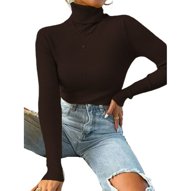 UKAP Women Knit Shirts Turtleneck Pullover Long Sleeve Tops Basic Work Sweater Brown L