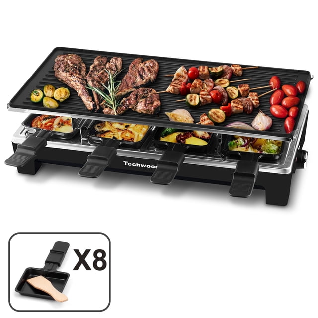 CUSIMAX Raclette Table Grill, Indoor Electric Grill & Griddle, Korean BBQ Grill with 2 in 1 Reversible Non-stick Plate, Crepe Maker, Electric Skillet, Sandwich Maker, Panini Press, 8 Raclette Pans &