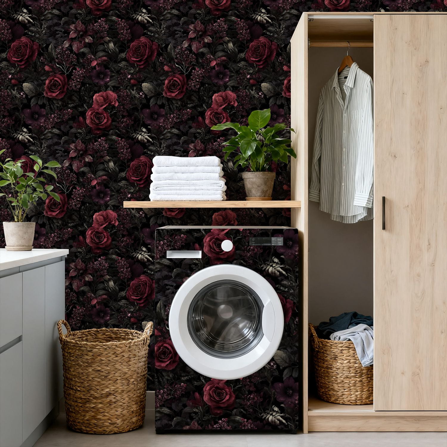 Peel and Stick Wallpaper Deep Burgundy Roses Dark Floral Black Wall Mural 17.7in x 9.8ft Self Adhesive Removable Wall Paper Renter Friendly Wallpaper for Nursery Bedroom Cabinets