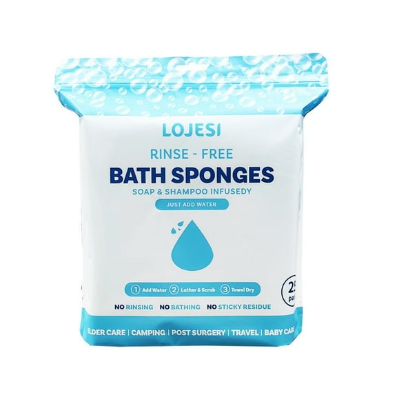1 Pack 25 Pcs Bath Sponges No Rinse Bathing Wipes – Disposable Body Wipes for Adults, Elderly, and Bedridden – Rinse-Free Bath Sponges for Hygiene, Travel, Camping, and Caregiving, Sky Blue
