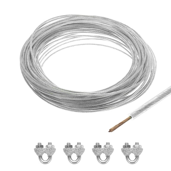 Cuerda de alambre recubierta de vinilo clara Uxcell 1/16 de pulgada de 49 pies de acero galvanizado con 4PCS M3 bucles de manga