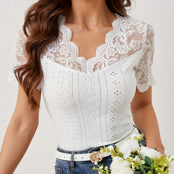 Women's Lace T-Shirt Casual Top (White XL)