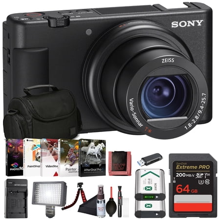 Sony ZV-1 Digital Vlogging Camera Black (DCZV1/B) – 20.1 MP 1” Sensor, 24–70 mm ZEISS Lens, 4K HDR Video, Flip Screen w/ 64GB Card, Photo Software, NP-BX1 Battery, Card Reader, LED Light and More