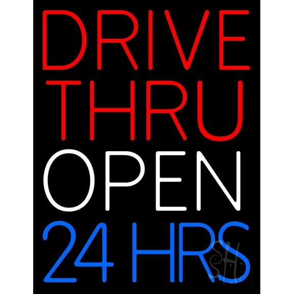 Red Drive Thru Open 24 Hrs LED Neon Sign 24 x 31 - inches, Black Square Cut Acrylic Backing, with Dimmer - Bright and Premium built indoor LED Neon Sign for restaurant window and interior decor.