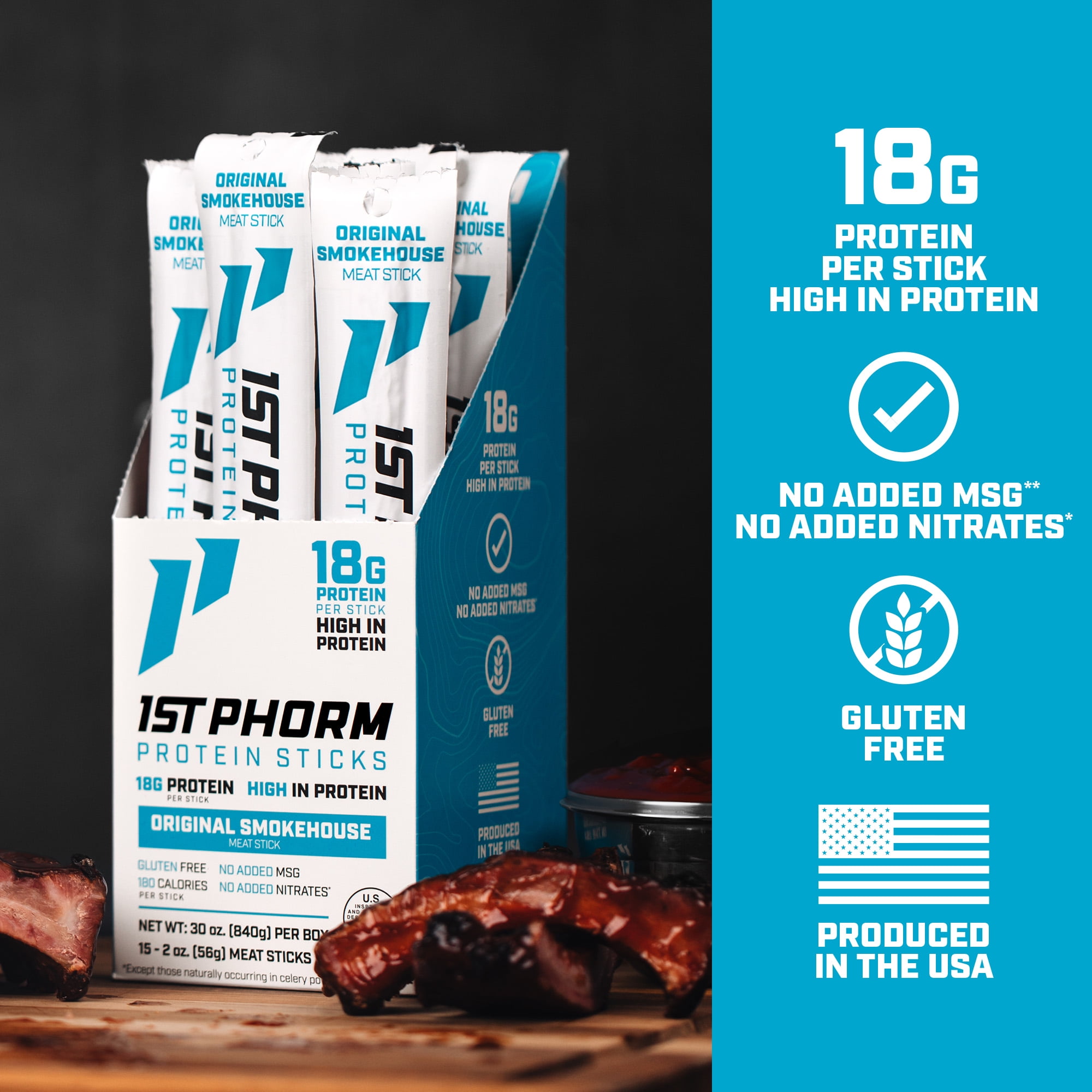 1st Phorm Protein Meat Sticks, Original Smokehouse Flavor, 18g Protein Per 2 oz. Stick (15 Count)