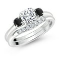 thumbnail image 2 of Gem Stone King 10K White Gold White Moissanite Black Onyx and Lab Grown Diamond 3 Stone Bridal Engagement Wedding Ring Set for Women (0.97 Cttw, 5MM and 3MM Cushion Cut, Size 9), 2 of 6