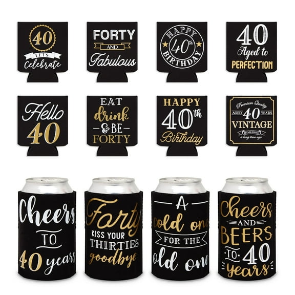 Sparkle and Bash 40th Birthday Can Cooler Sleeves - Medium Silver Neoprene - Insulated 12Oz Holder Set of 12-40 Year Old Birthday - Beers & Cheers to 40 Years