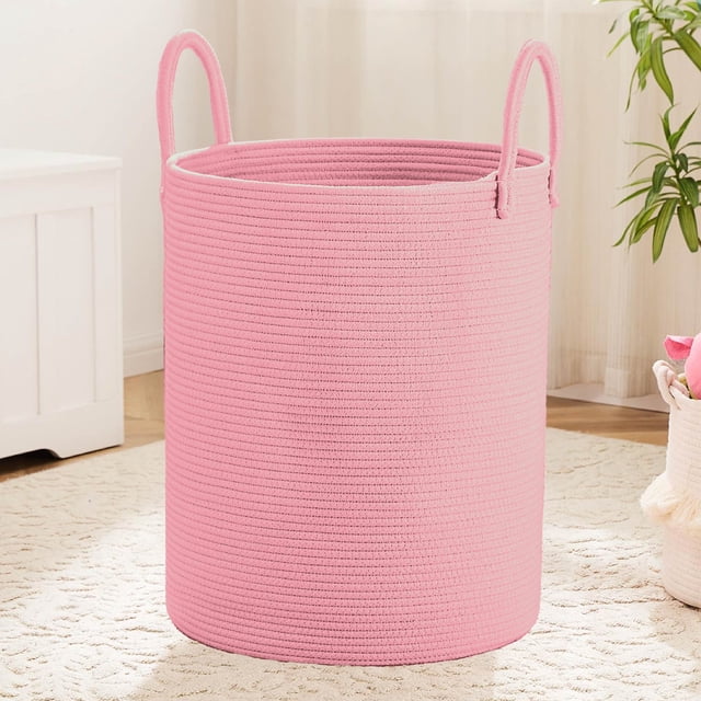 MAGMALIFE Cesta de Lavandería de Cuerda de Algodón, Plegable y Duradera, con Dos Asas Resistentes, Canasta para Ropa Sucia, Almacenamiento y Organización en Baño, Dormitorio y Hogar Color Rosa Claro