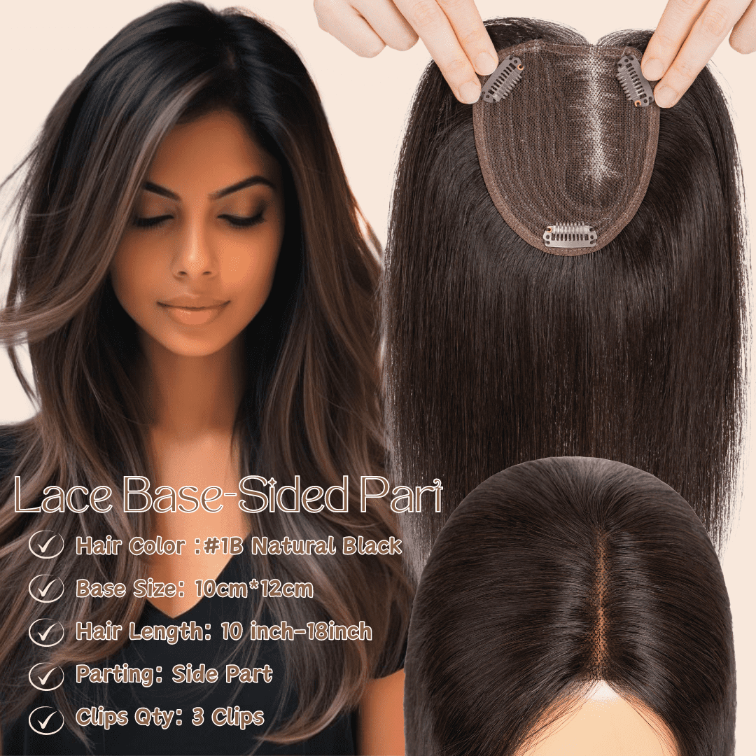 Benehair 10*12cm Side Part Clip In Hairpiece 100% Remy Real Human Hair Topper Hair Piece Wigs Handtied Lace Base For Woman Thin Hair Loss Top Piece Black 12 inch