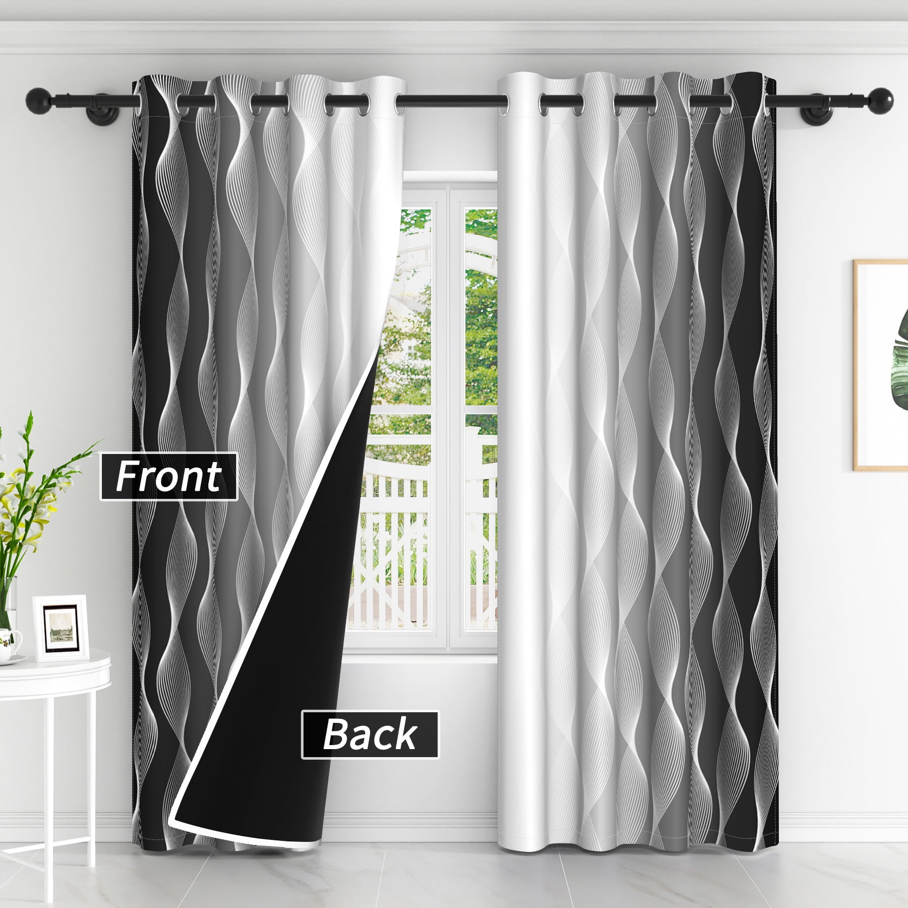 Lfeey Black and White Textured Blackout Curtains for Bedroom 84 inch Long, Insulated Grommet Curtains, 2 Panel