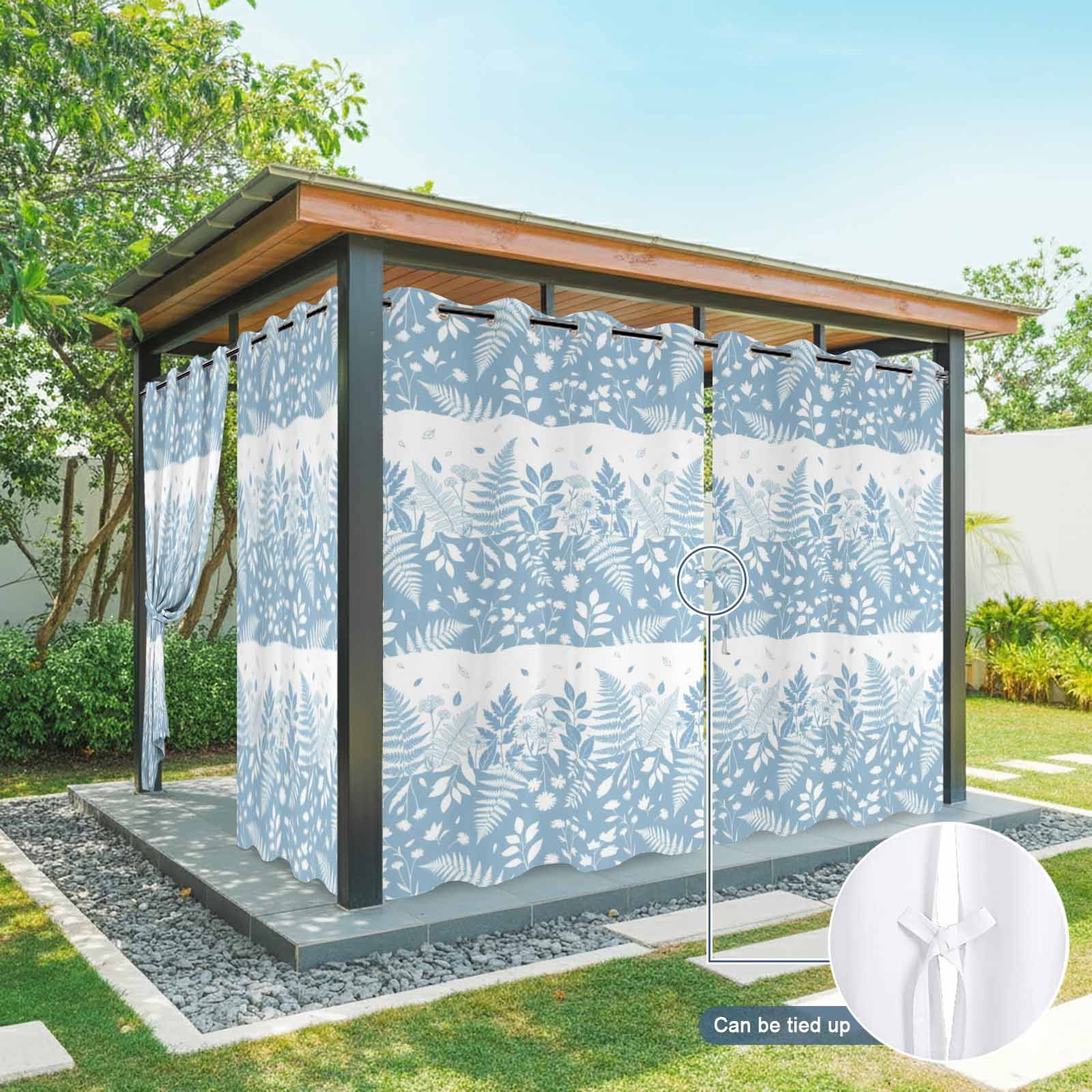 Spring Ferns Outdoor Curtains for Patio, Country Blue Floral Leaf Fern Sunshade Privacy Drapes Grommet Waterproof Outside Curtains for Porch/Cabana/Balcony 54"x 108", 1 Panel