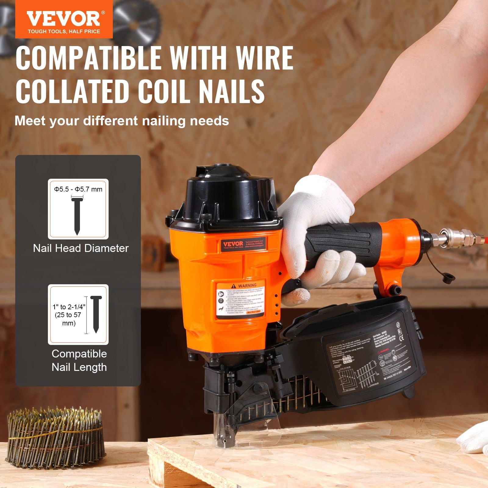 MCN55 15° Angled Coil Nail Gun | Drives 1" to 2-1/4" Siding Nails | Pneumatic Tool for Quick & Easy Fastening