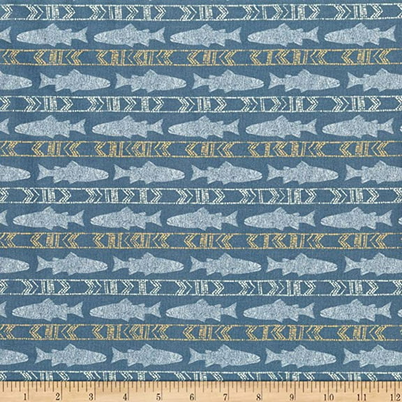 Digital Lake Escape Fish Stripe Dark Blue Cotton Fabric