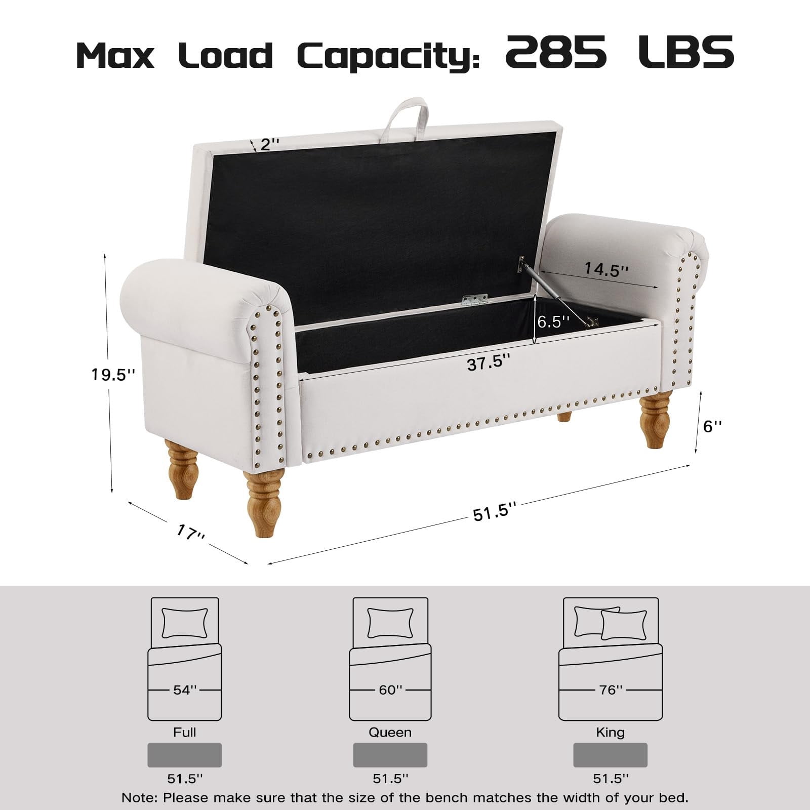 51.5" Storage Ottoman Bench for End of Bed, Upholstered Bedroom Bench with Hidden Storage, Rolled Arm Linen Bench for Entryway Living Room, Beige