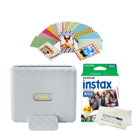 UPC: 0195893845484 | Fujifilm Instax Wide Link Smartphone Printer Plus Fujifilm Instax Wide Films 20 Pack. Plu Is Stickers. Bonus All-Purpose Microfiber Cloth- Ash White