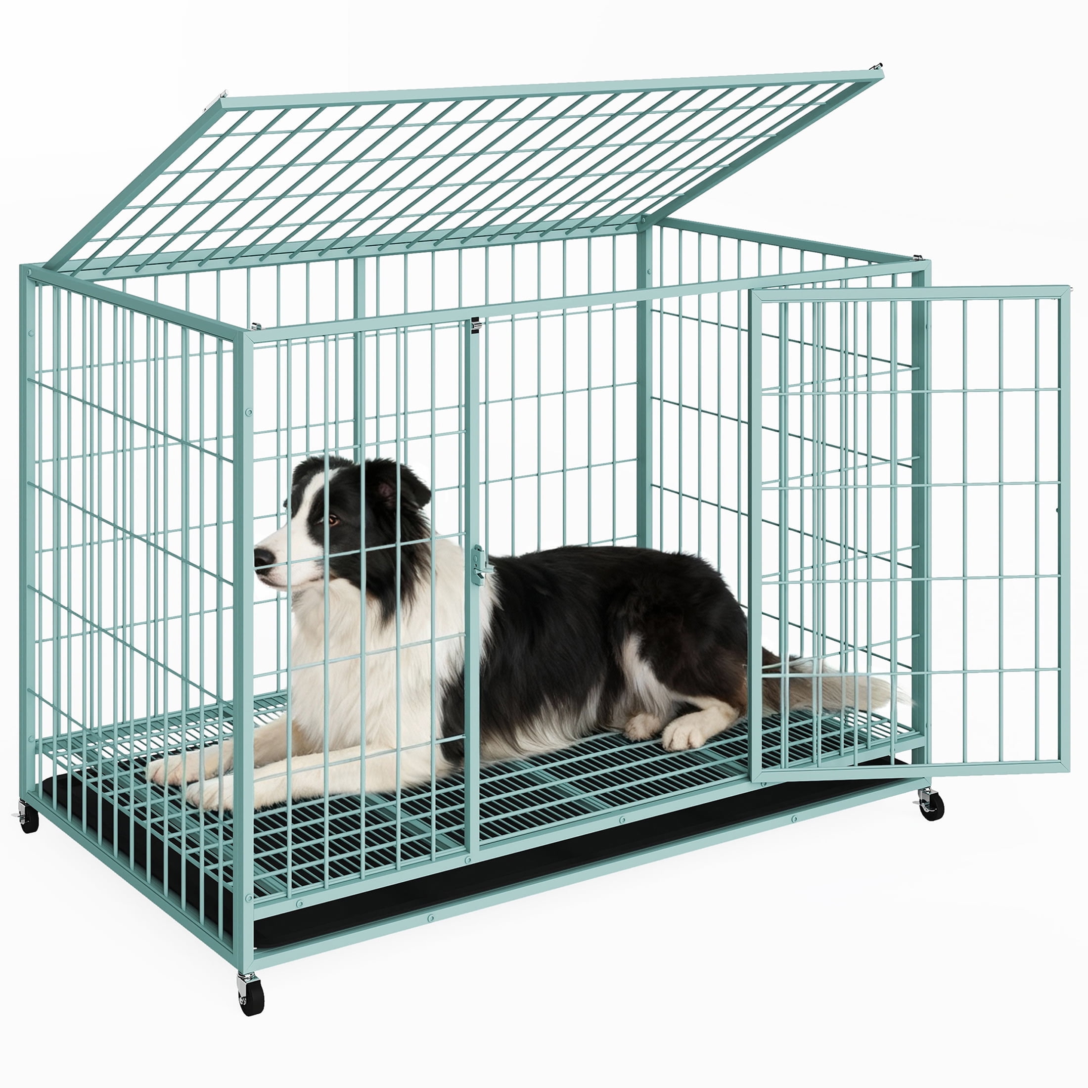 TIME RAY 48" Metal Wire Dog Crate for Large Dogs with Tray, Double Door, Puppy Dog Cage for Yard Indoor Outdoor Use,XL Dog Cage Kennel,Green