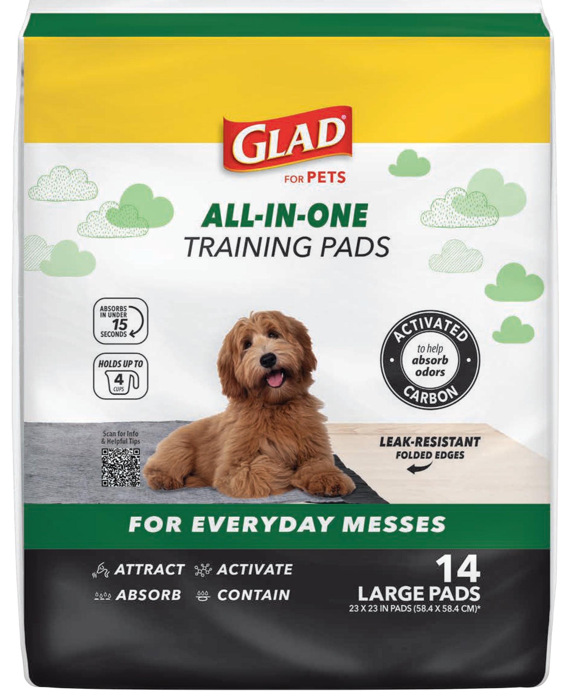 (4 pack) Glad Activated Charcoal Leak-Resistant Training Pads for Dogs, 23in x 23in, 14 Count