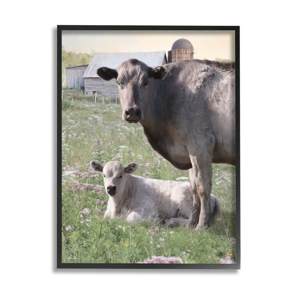 Stupell Country Cattle & Calf Farm Meadow Animals & Insects Photography Black Framed Art Print Wall Art