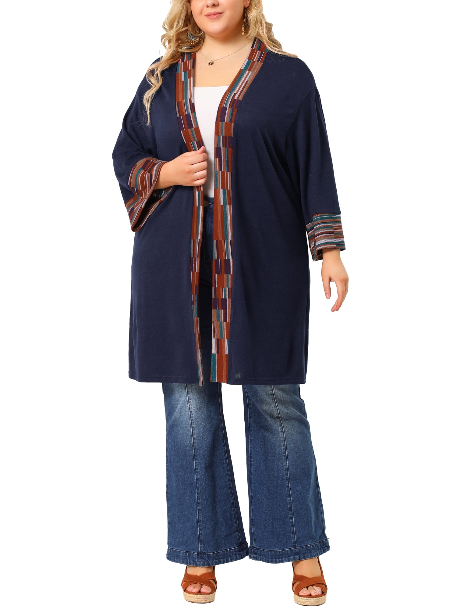Unique Bargains Women's Plus Size Boho Relaxed Open Front Cardigans 3X Dark Blue