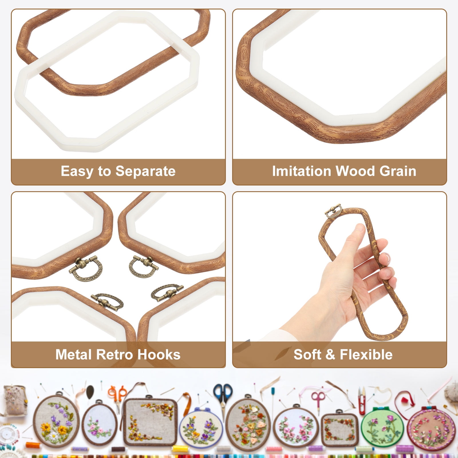 Uxcell 10 Pieces 4.6"x3.1" Embroidery Hoops Frame Imitated Wood Rectangular Octagon Cross Stitch Hoop Ring for Embroidery Art Craft Handy Sewing Decoration