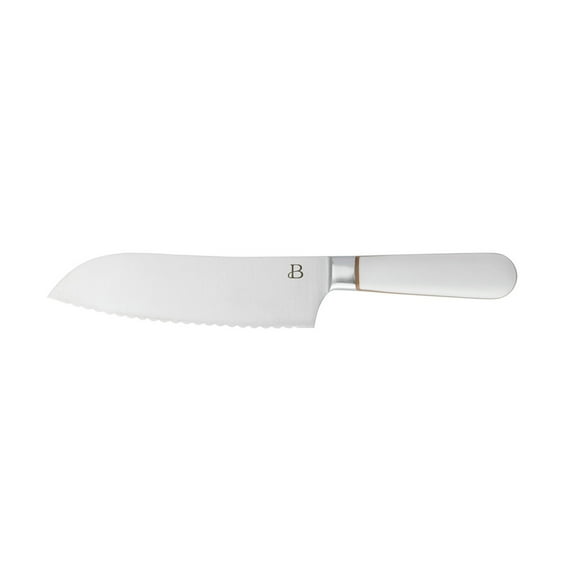 Beautiful by Drew Barrymore 7-inch Forged Signature Serrated Santoku Knife in White with Gold Accents