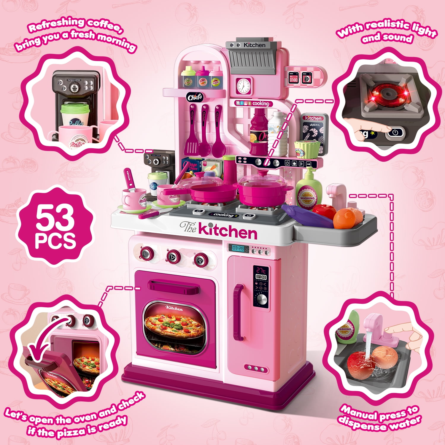 Hot Bee 34 inch Play Kitchen Toy Sets for Girls, Cooking Stove, Play Sink, Oven w/ Realistic Lights&Sounds, Birthday Christmas Toys Gift for Toddlers Girls Boys 3 4 5 6+