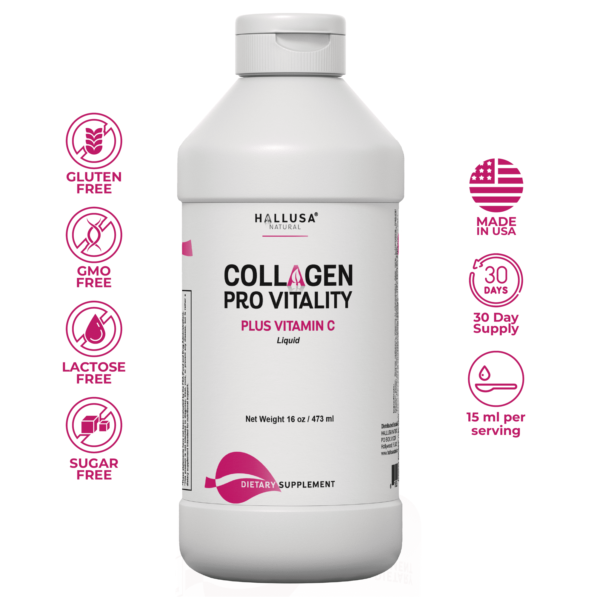 HALLUSA NATURAL Collagen Supplements with Vitamin C, Liquid Hydrolyzed Collagen 16oz for Hair, Skin, Nails, Bone & Joint Support, Plus L-Carnitine & L-Arginine, Orange Flavor