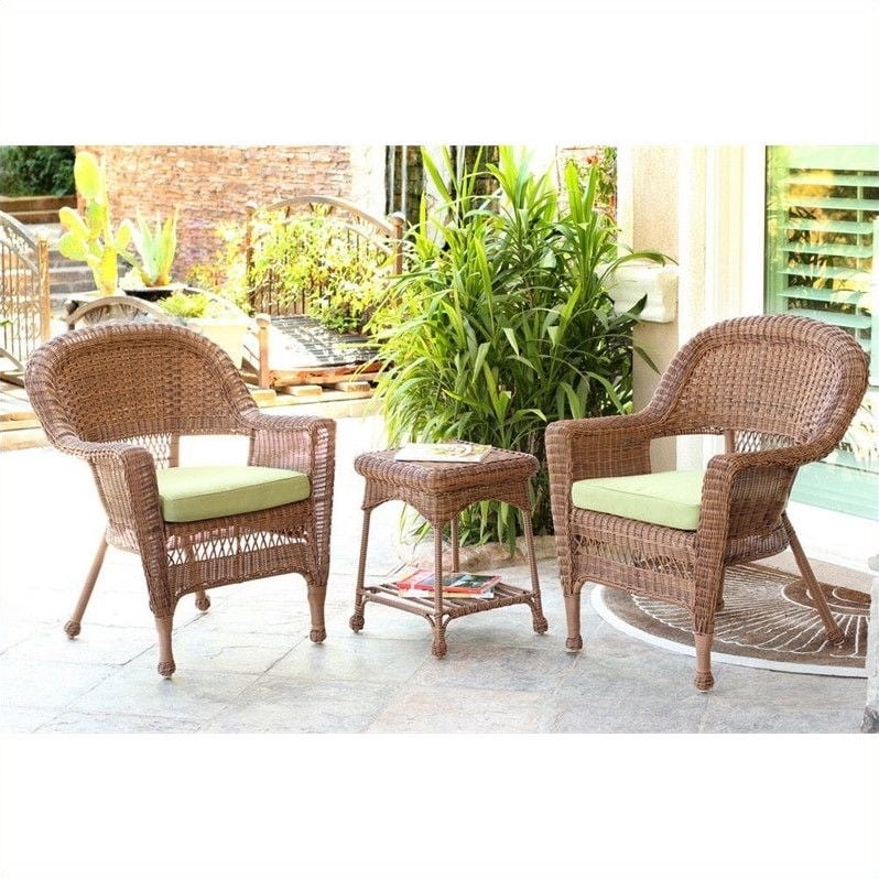 Jeco 3pc Wicker Chair and End Table Set in Honey with Green Chair Cushion by Jeco Inc.