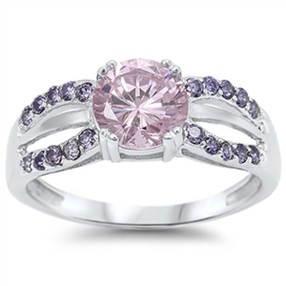 Wedding Round Cut Pink Topaz & Amethyst Gemstone Silver Ring Size 6 7 8 9 10 11 
