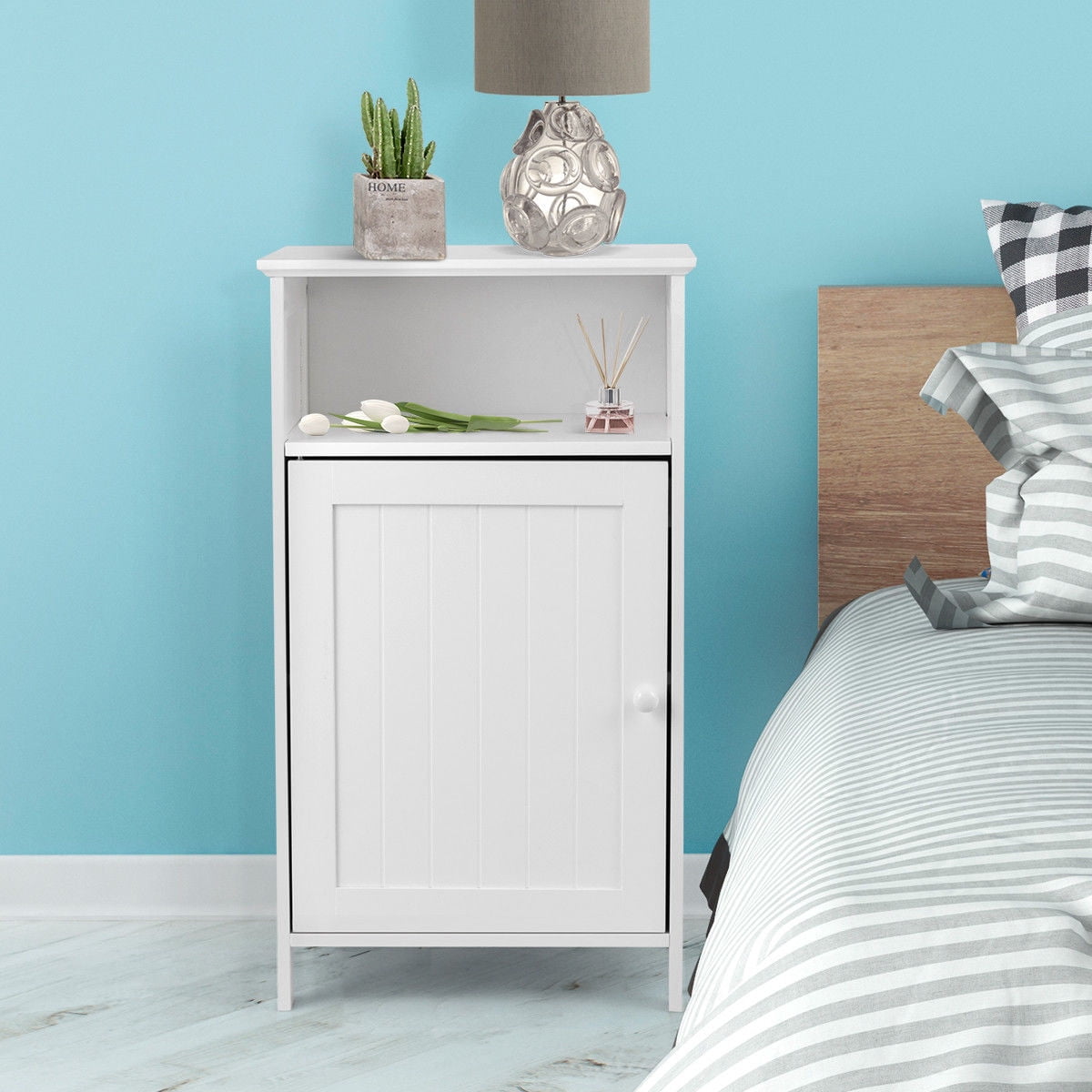 Gymax Bathroom Floor Storage Cabinet Side Table Freestanding Adjustable Shelf Organize