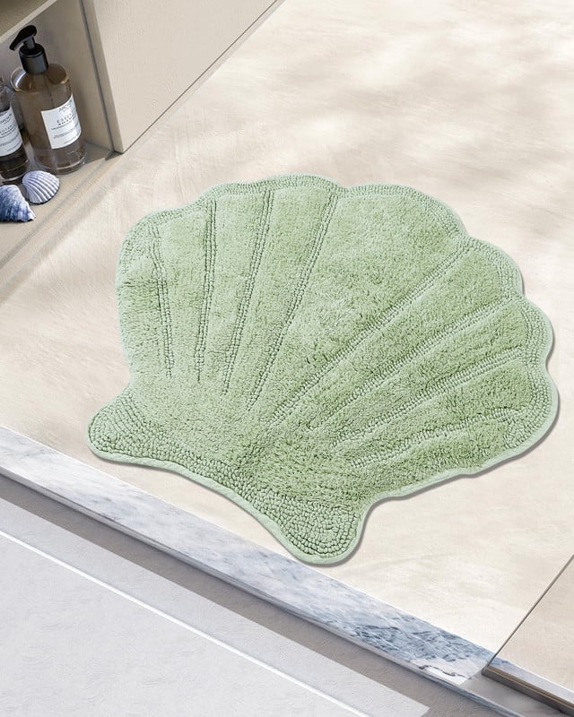 Better Trends Seashell Bath Rug, 100% Cotton Cute Beach Theme Bathroom Mat, Soft & Absorbent, Reversible, Washable Foot Mat, Sage Sea Decor for Kids & Home, 25" x 28" Marilyn Collection