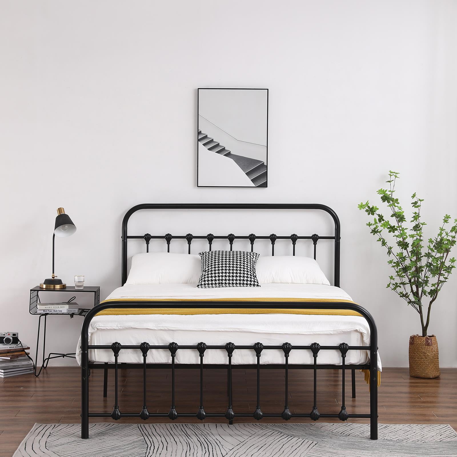 Queen Size Bed Frame Wood Slats White Steel Metal Arched Headboard Footboard 
