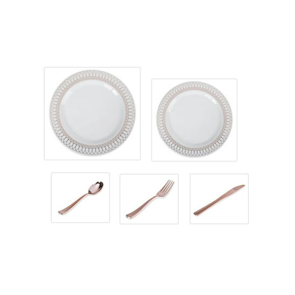 White w/ Rose Gold Oval Border 10.25" Dinner Plates 7.5" Salad Plates Cutlery *Party of 100*