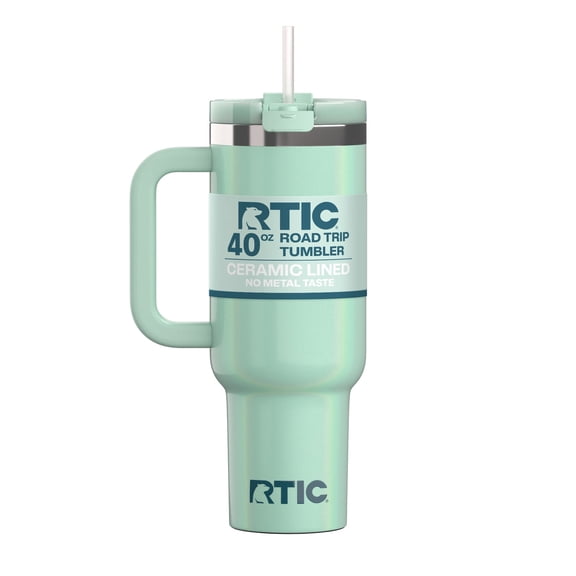 RTIC 40 oz Ceramic Lined Road Trip Tumbler with Handle and Leak-Resistant Straw Lid, Fresh Mint Glitter