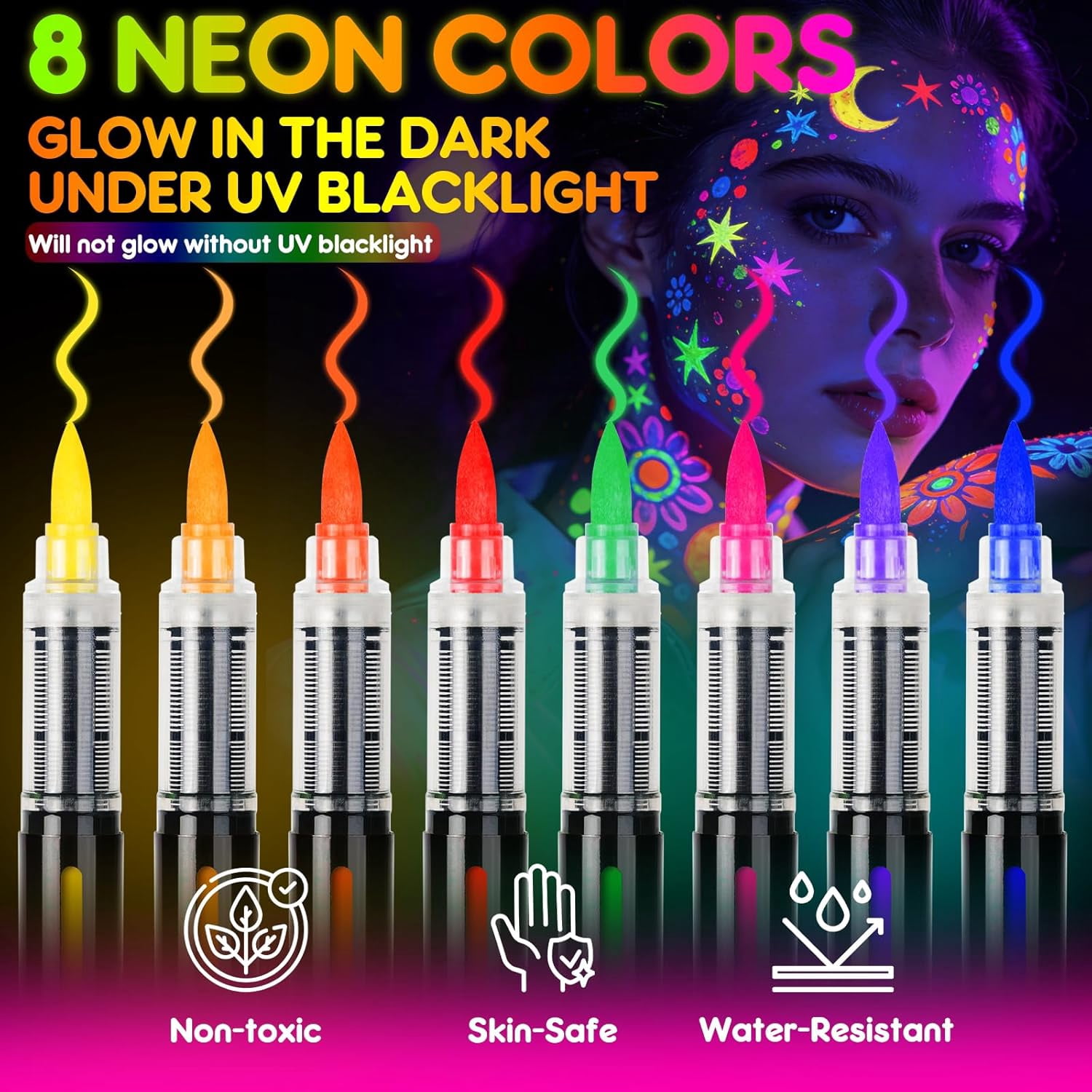 UV Neon Face Paint Markers 8/18 Colors, Glow in the Dark Body Paint Pens for Skin, Washable Temporary Tattoo Markers for Halloween Party Cosplay