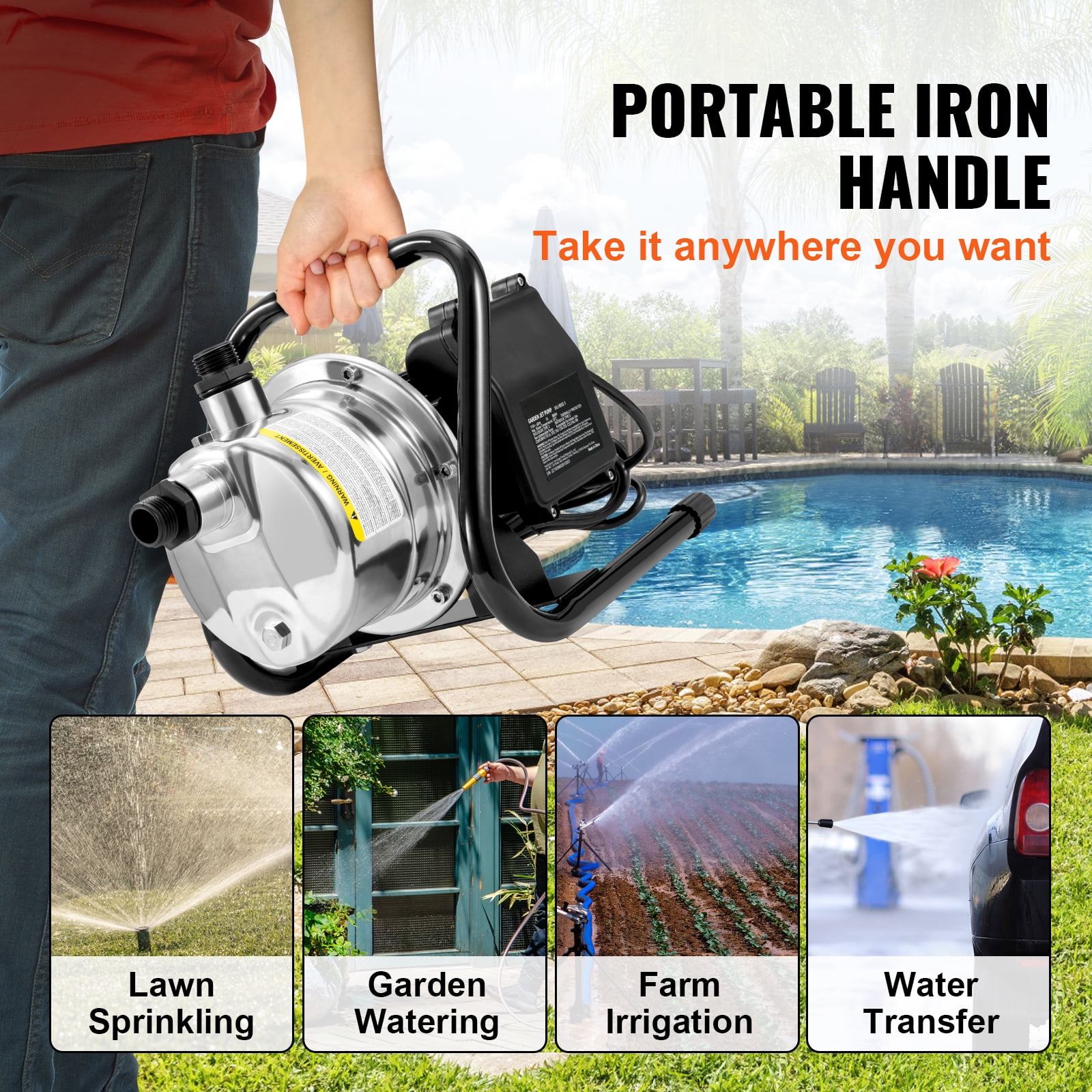 KFFKFF Surface Well Pump, 1.1 HP 115V, 978 GPH 131 ft Elevation, 69.6psi Peak Pressure, Compact Stainless Steel Sprinkler Enhancement Jet Pumps for Yard Lawn Watering system, Lake Water Feature