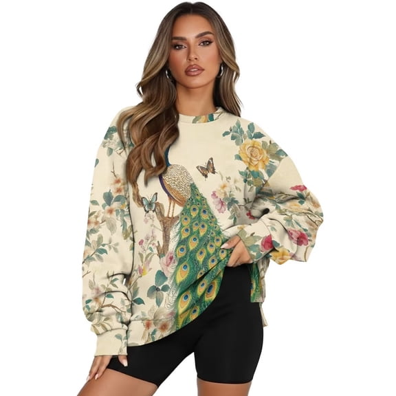 Yuyamidu Women's Fashion Hoodie Sweatshirts Oversized Womens Novelty Sweatshirts with Pockets Peacock Flower Butterfly Crewneck Pullover Casual Tops Long Sleeve Shirts Spring Fall Winter Clothes