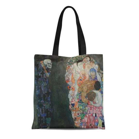 LADDKE Canvas Tote Bag Skull Death and Life Gustav Klimt Reaper Expressionist Expressionism Reusable Handbag Shoulder Grocery Shopping Bags
