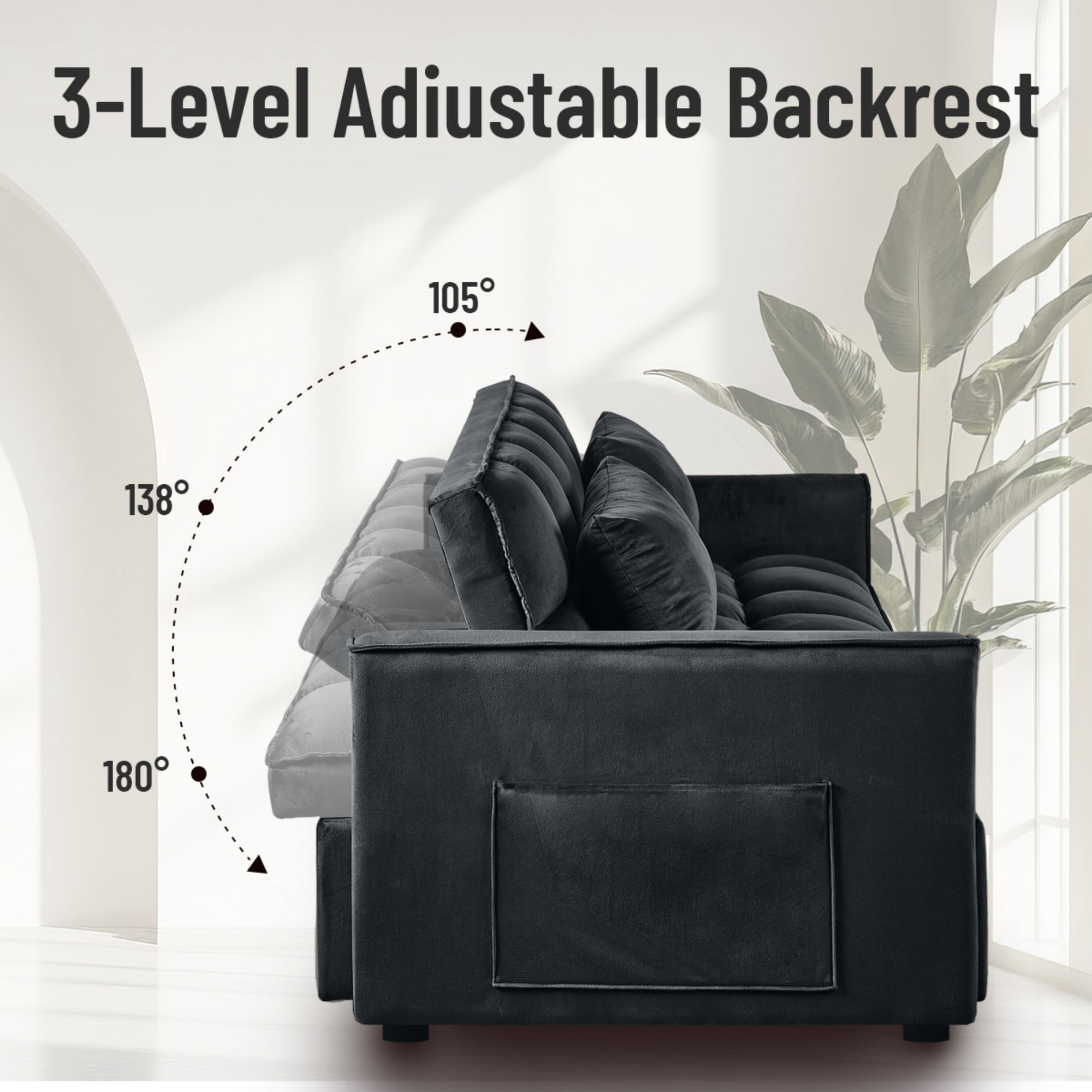 BSHTI 51.1" Pull-Out Sleeper Sofa Bed, Twin-Size Fold Out Sleeper, With 3 Angles Backrest Reclined, Velvet Upholstery, Side Storage Pocket and Two Pillows, Black
