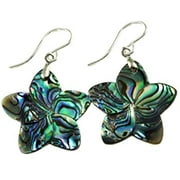 SPYGLASS DESIGNS Sterling Silver Mother of Pearl Abalone Paua Shell Earrings Large Carved Flower Peacock Blue Silvertone Bail MOP Dangles Designed for Adult Women and Teen Girls