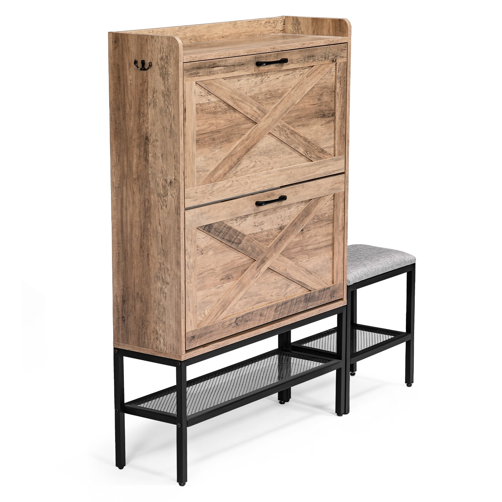 Shoe Cabinet with Barn Doors, Flip-Down Shoe Racks, Padded Bench & Side Hook, Slim 120×24×120cm Entryway Storage Organizer