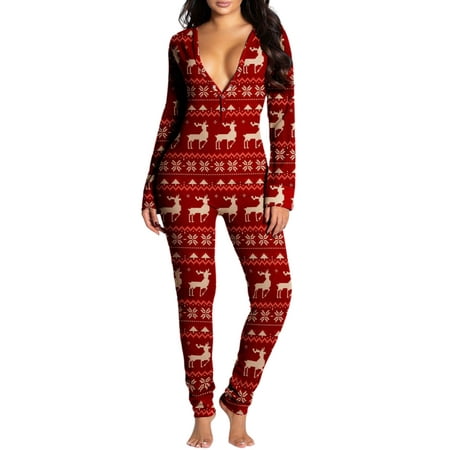 

Womens One Piece Onesie Christmas Sleepwear Deep V Neck Butt Button Back Flap Jumpsuit Pajama Bodycon Bodysuit Romper