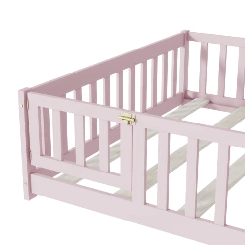 Bellemave Full Size Floor Bed with Door and Fence Floor Bed with Bed Slats Sturdy Wood Floor Bed Montessori Bed Frame (Full, Pink)