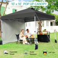 thumbnail image 3 of ONBRILL 10x10 Pop up Camping Canopy Tent w/1 Sidewall, Wheel Bag, Spiral Spike, Sun Shade, Grey, 3 of 9