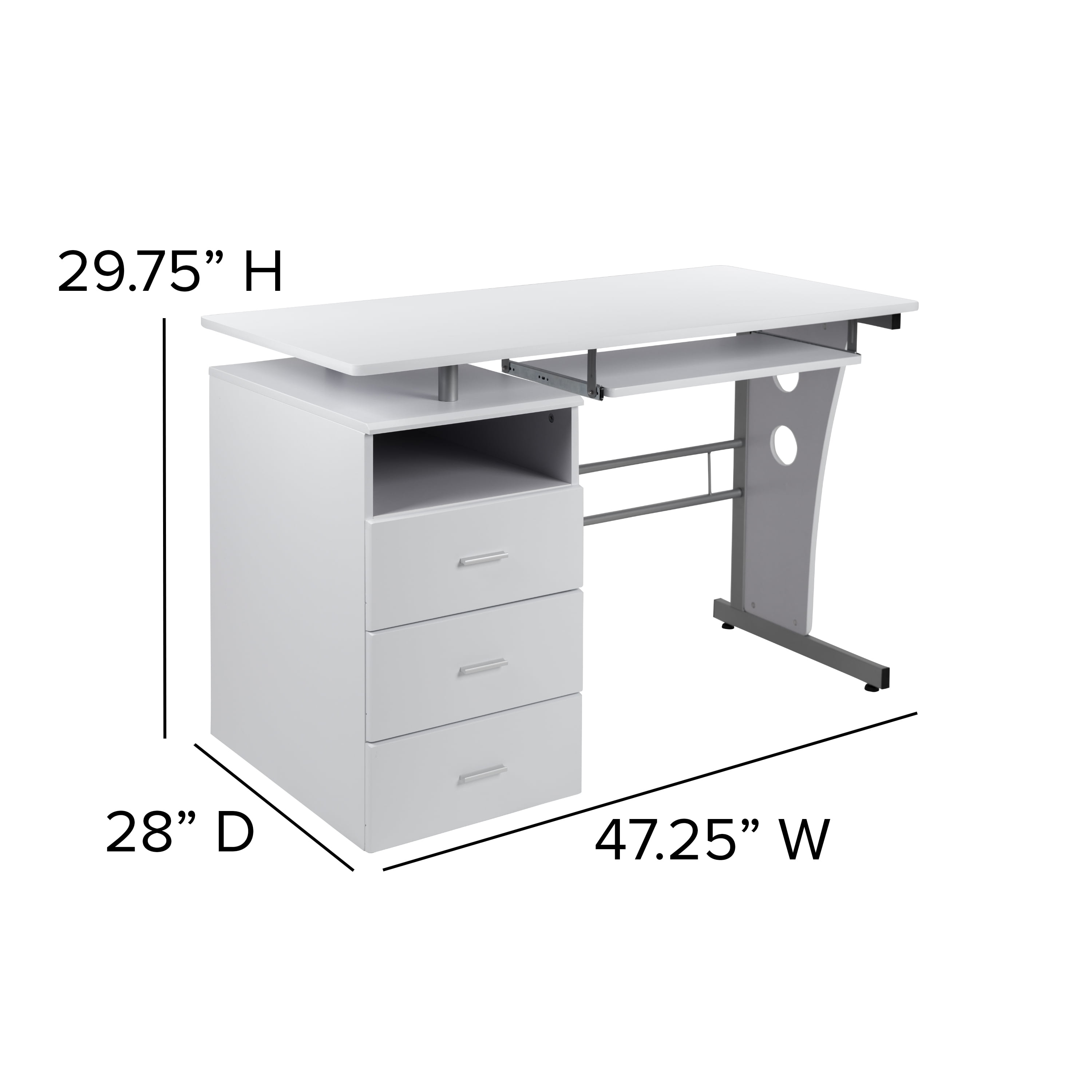 Emma + Oliver White Desk with Three Drawer Single Pedestal and Pull-Out Keyboard Tray