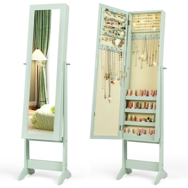 Costway Jewelry Mirrored Cabinet Armoire Organizer Storage Box with Stand Christmas Gift Green