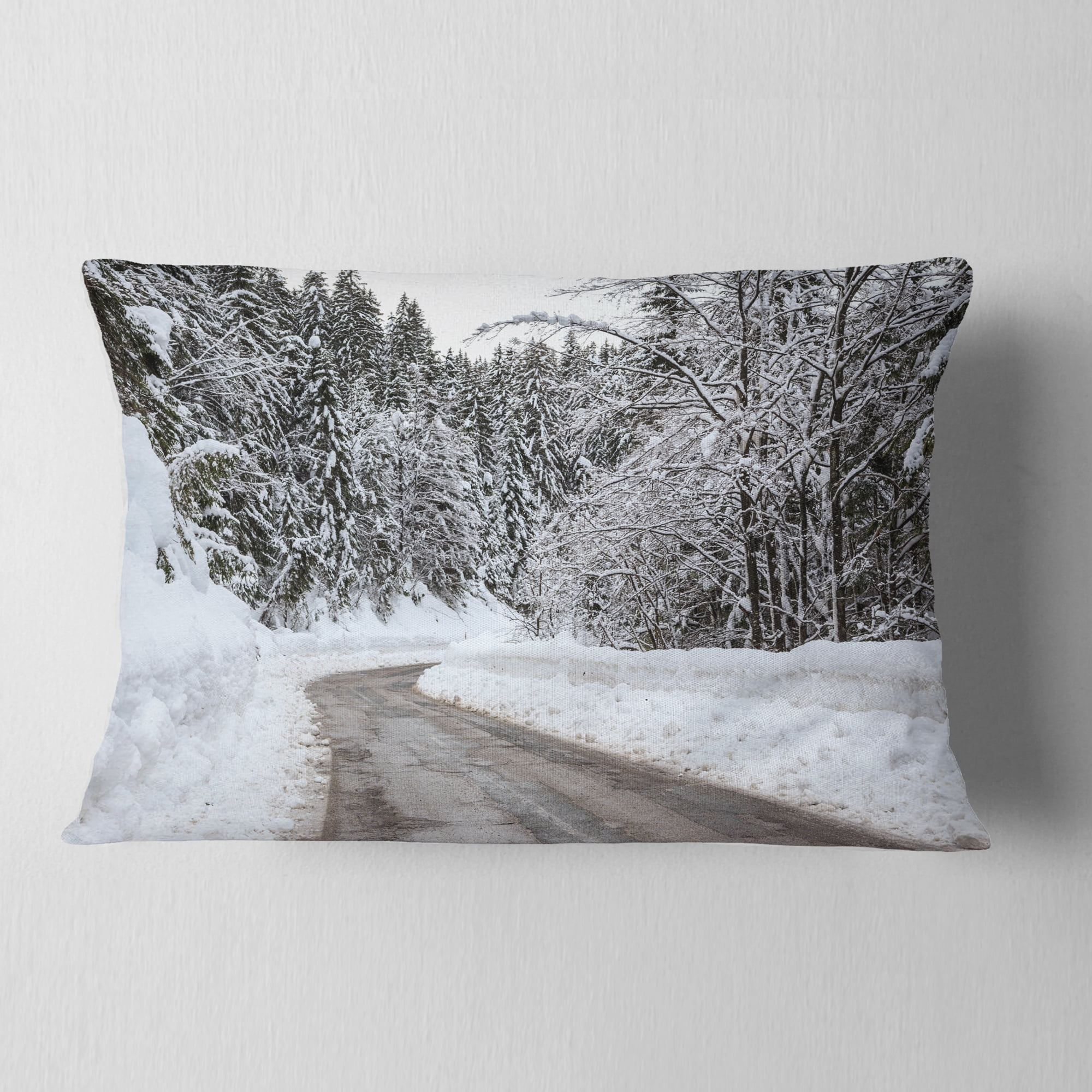 Designart Foggy Winter Road in Slovenia - Landscape Printed Throw Pillow - 12x20